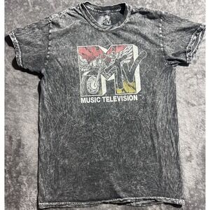 MTV Music Television Classic Motorcycle Logo Men's Black Acid Wash Size S